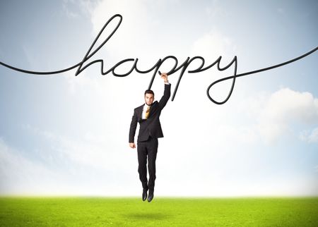 Businessman hanging on a happy rope