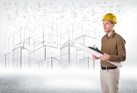 Handsome construction specialist with city drawing in background concept