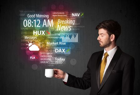 Businessman standing and holding a white cup with daily news and information coming out of the cup