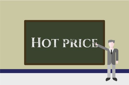 Hot price on black board (green board). Teacher, classroom.