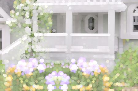 Bright varicolored abstract of porch and flowering garden for seasonal, residential, or architectural themes