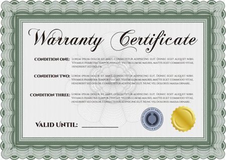 Warranty Certificate template. It includes background. Complex frame design. Perfect style. 