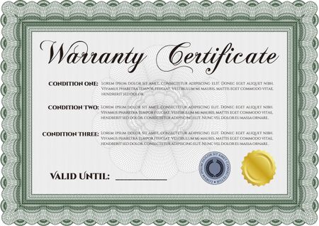 Warranty Certificate template. It includes background. Complex frame design. Perfect style.