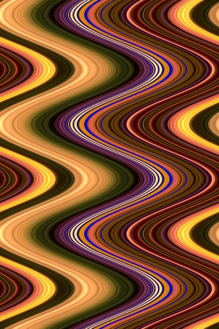 Multicolored abstract of spooning S-curves that illustrate both sameness and variation in nestling undulation, for themes of fluidity, recurrence, rhythm