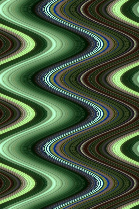 Decorative varicolored abstract of spooning S-curves with predominance of green that illustrates both sameness and variation