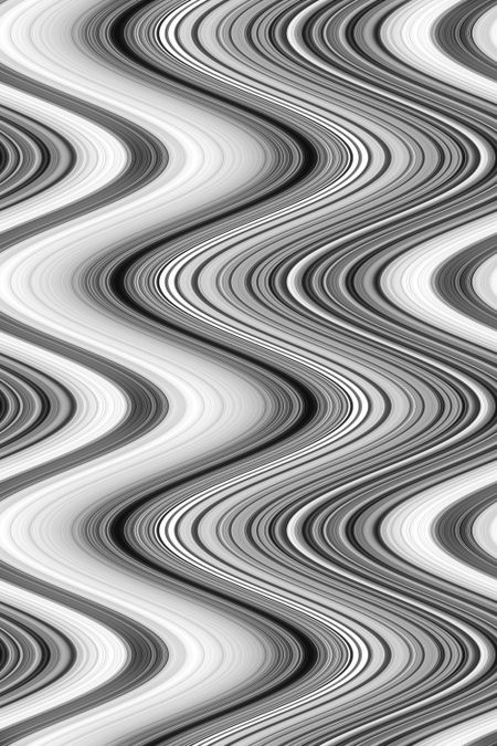 Decorative abstract, in black and white, of repetitive wavy curves like undulating candy stripes that illustrates both sameness and variation