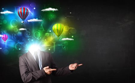 Man in suit with glowing dreamy cloudscape concept