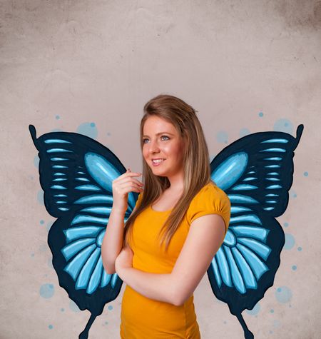 Cute young girl with butterfly blue illustration on the back