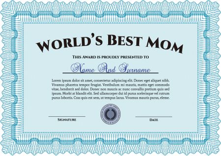 World's Best Mom Award Template. Border, frame.With great quality guilloche pattern. Superior design.  