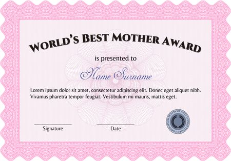 Best Mom Award Template. Superior design. With guilloche pattern. Border, frame.