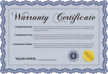 Sample Warranty certificate template. Retro design. Complex frame design. It includes background. 
