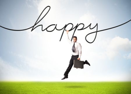Businessman hanging on a happy rope
