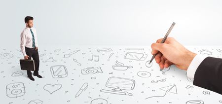 Little businessman looking at hand drawn icons and symbols concept on background