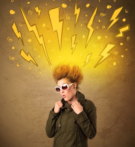 Young woman with hair style and hand drawn lightnings concept on background