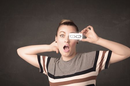 Happy girl looking with hand drawn eye glasses paper concept