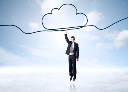 Businessman hanging on a cloud rope

