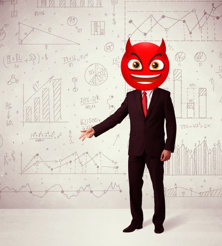 Funny businessman wears devil smiley face