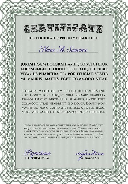 Sample Certificate. Complex design. With complex linear background. Money style.