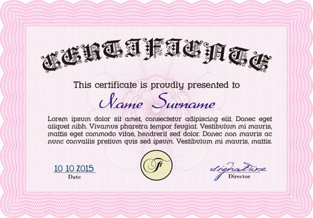 Diploma template. Modern design. With guilloche pattern and background. Border, frame.