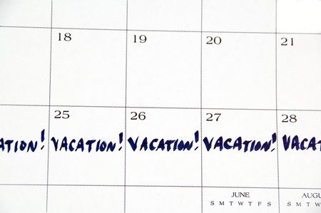VACATION! written in blue across five days of white monthly calendar