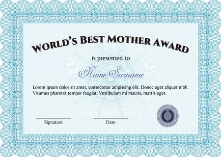 World's Best Mother Award. Lovely design. Border, frame.With complex linear background.