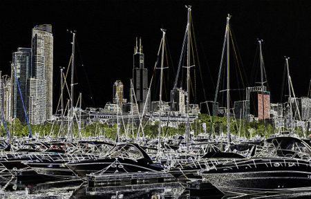 Night for nautical day: View of marina and skyline in Chicago, Illinois, USA, digitally altered for nocturnal effect