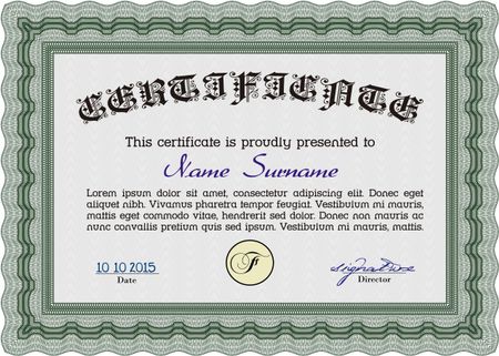 Sample certificate or diploma. With great quality guilloche pattern. Artistry design. Vector certificate template.