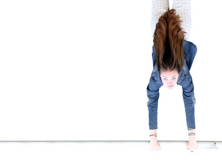 female doing gymnastics over a white background