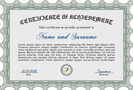 Certificate of achievement template. Detailed.Lovely design. With guilloche pattern and background. 