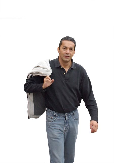 casual man walking with jacket on shoulder