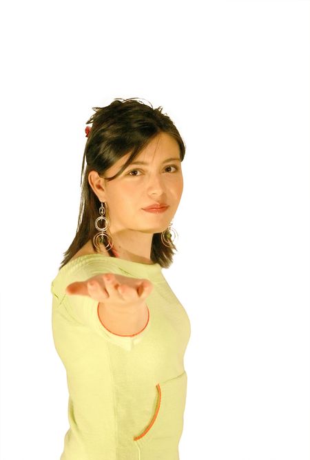 Teenage woman offering something with her hand