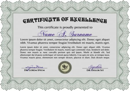 Sample certificate or diploma. Border, frame.Complex background. Cordial design. 