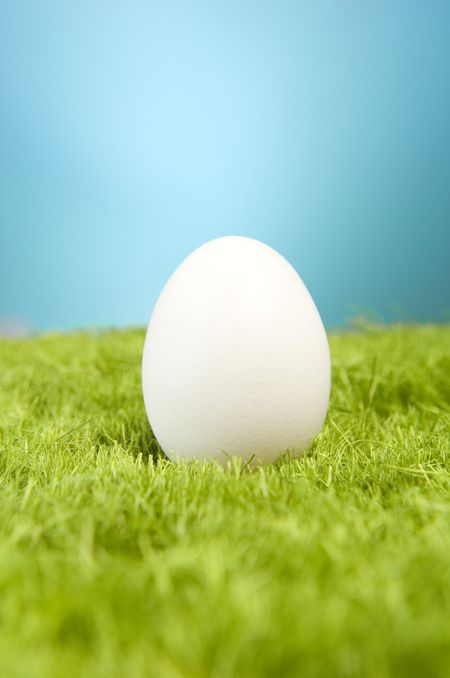 White egg on fake green grass.