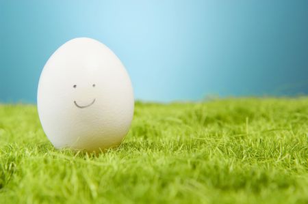 Happy egg on fake green grass.