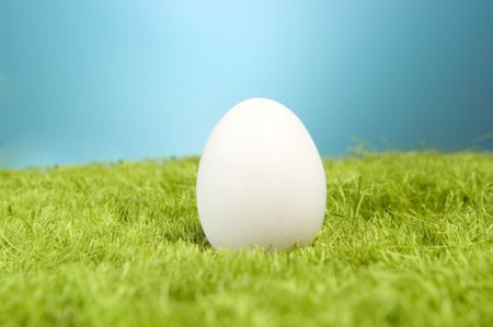 White egg on fake green grass.