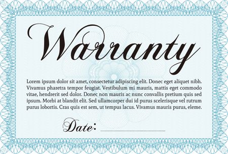 Warranty Certificate template. Retro design. Complex border. Easy to print. 