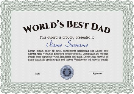 World's Best Dad Award. Detailed.Complex design. With great quality guilloche pattern. 
