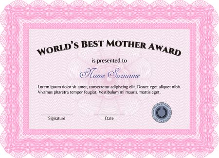 Best Mother Award Template. Cordial design. With great quality guilloche pattern. Customizable, Easy to edit and change colors.
