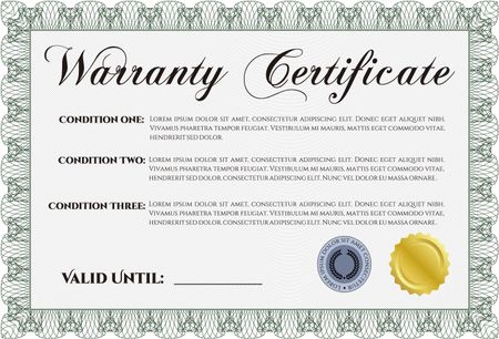 Sample Warranty certificate. Perfect style. Easy to print. Complex border design. 