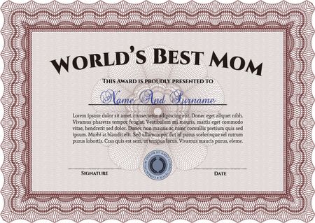 Best Mother Award. Sophisticated design. Vector illustration.With guilloche pattern. 