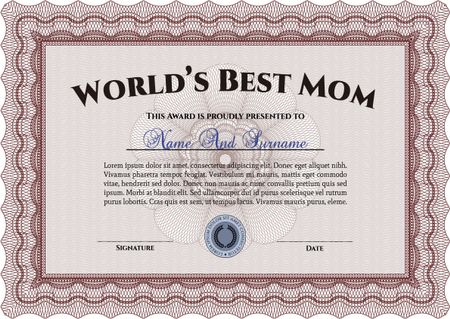 Best Mother Award. Sophisticated design. Vector illustration.With guilloche pattern.