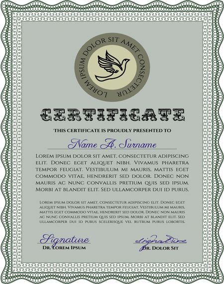 Sample certificate or diploma. Detailed.With complex linear background. Elegant design. 