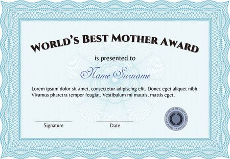 World's Best Mother Award. With linear background. Border, frame.Lovely design. 