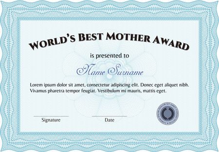 World's Best Mother Award. With linear background. Border, frame.Lovely design.