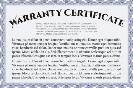 Sample Warranty certificate template. Complex frame. With sample text. Very Detailed. 