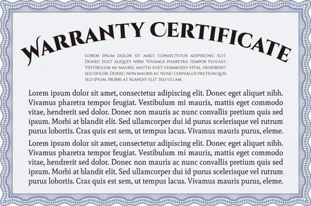 Sample Warranty certificate template. Complex frame. With sample text. Very Detailed.