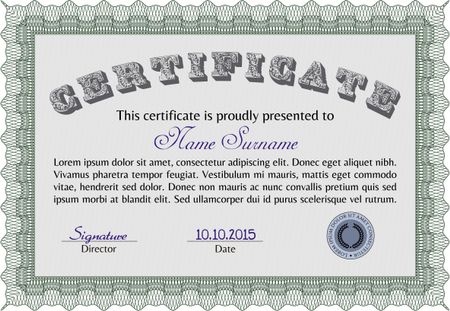 Certificate or diploma template. Excellent design. Vector illustration.With guilloche pattern. 