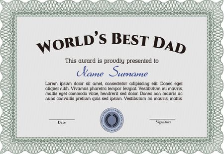 World's Best Father Award. With guilloche pattern and background. Nice design. Detailed.