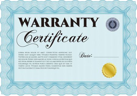 Warranty Certificate template. With background. With sample text. Perfect style. 