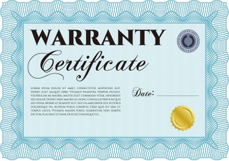 Warranty Certificate template. With background. With sample text. Perfect style.